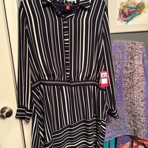 Vince Camuto Navy and White Striped Long Sleeve Dress